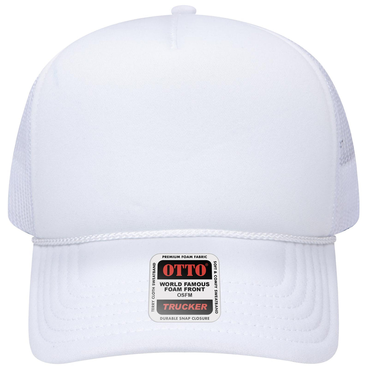 Front View of 016 - White OTTO CAP 5 Panel Low Profile Mesh Back Trucker Hat