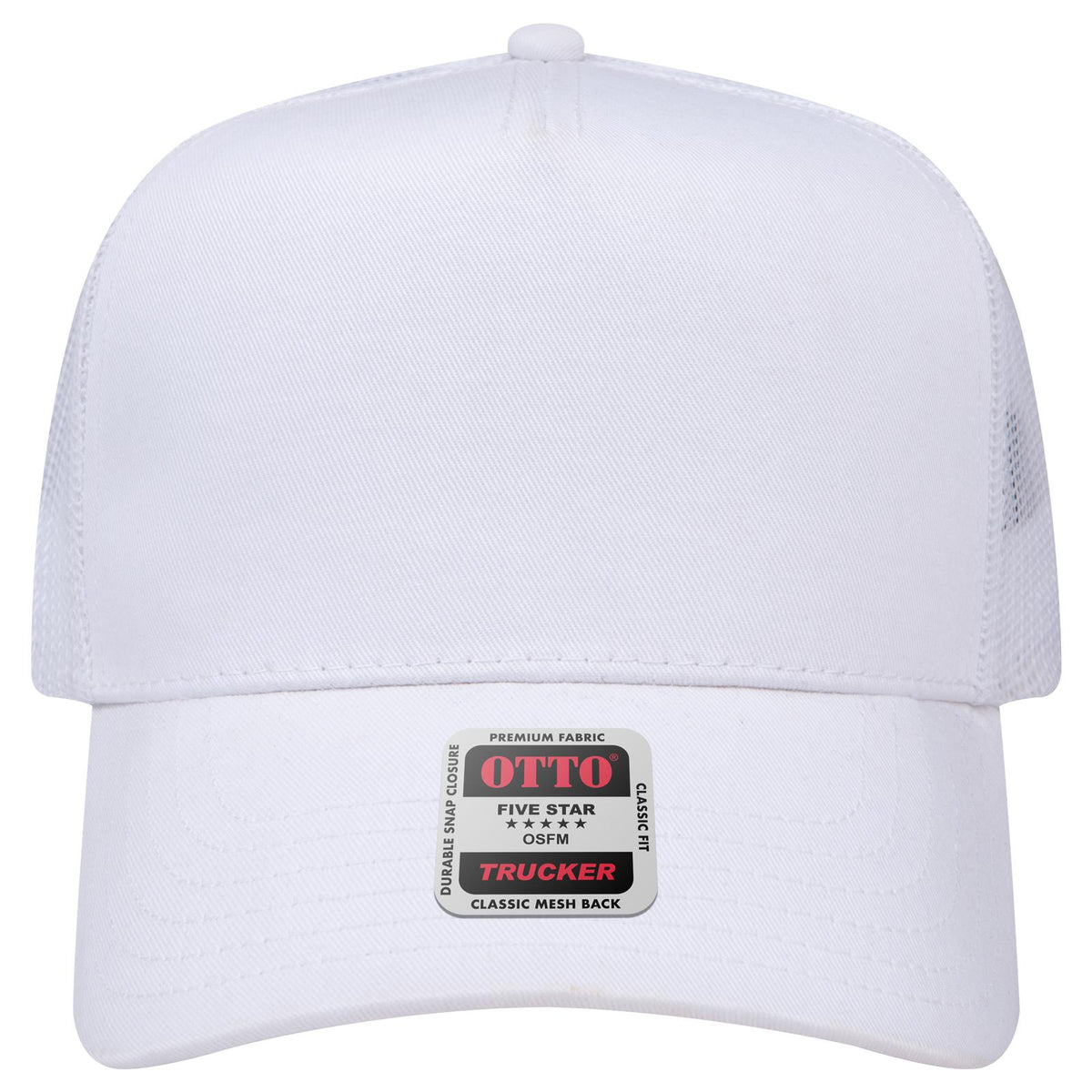 Front View of 016 - White OTTO CAP 5 Panel Mid Profile Mesh Back Trucker Hat