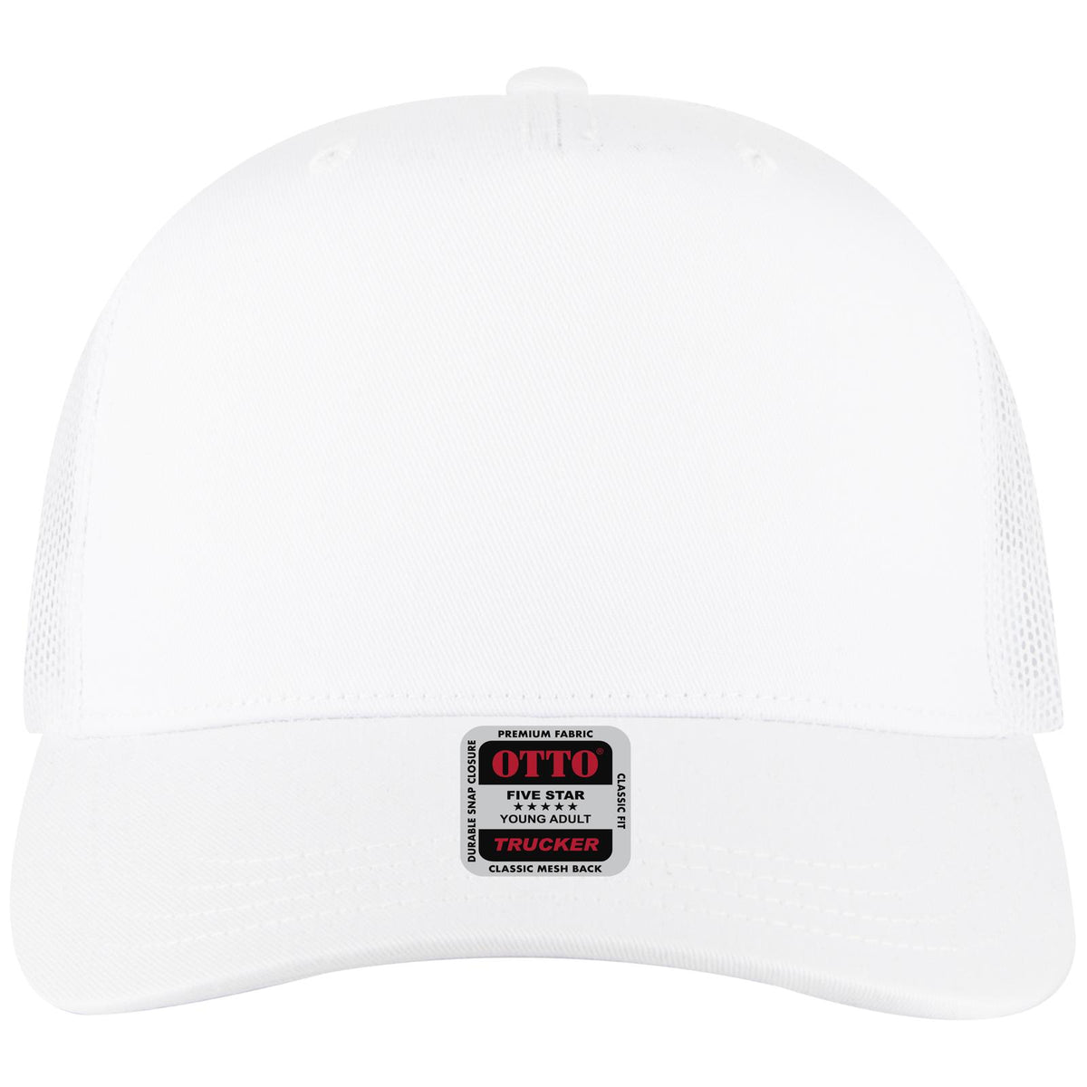 Front View of 016 - White OTTO CAP 5 Panel Mid Profile Mesh Back Trucker Hat