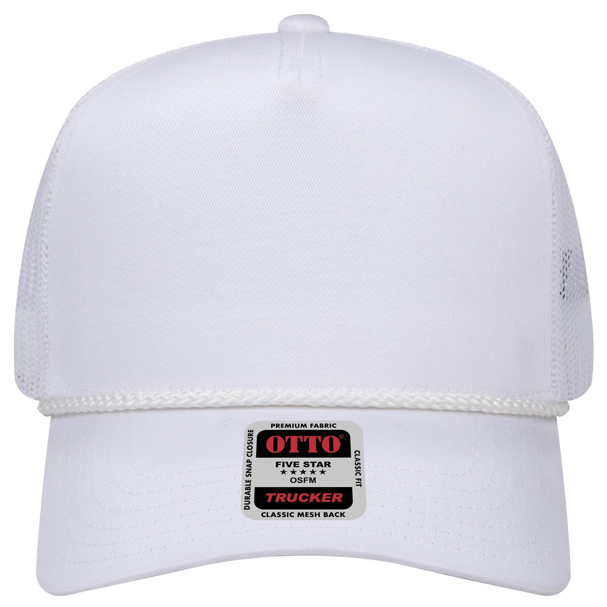 Front View of 016 - White OTTO CAP 5 Panel Mid Profile Mesh Back Trucker Hat