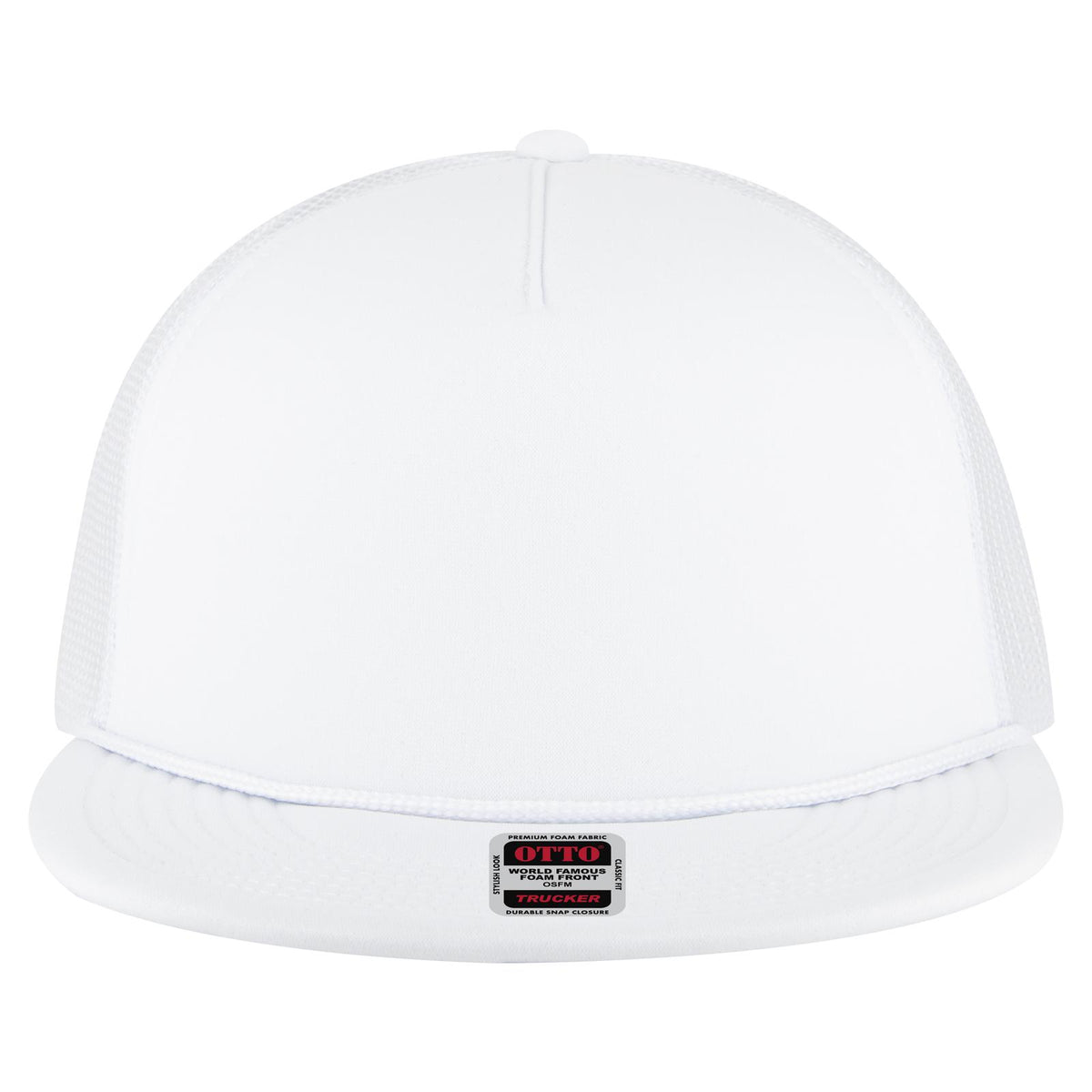 Front View of 016 - White OTTO CAP 5 Panel Pro Style Mesh Back Trucker Hat