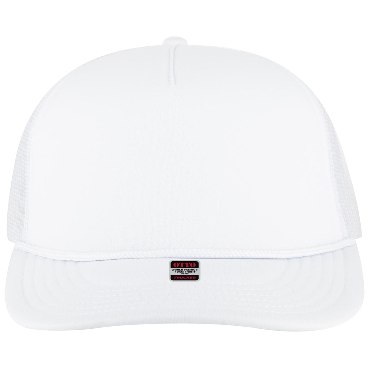 Front View of 016 - White OTTO CAP 5 Panel Pro Style Mesh Back Trucker Hat