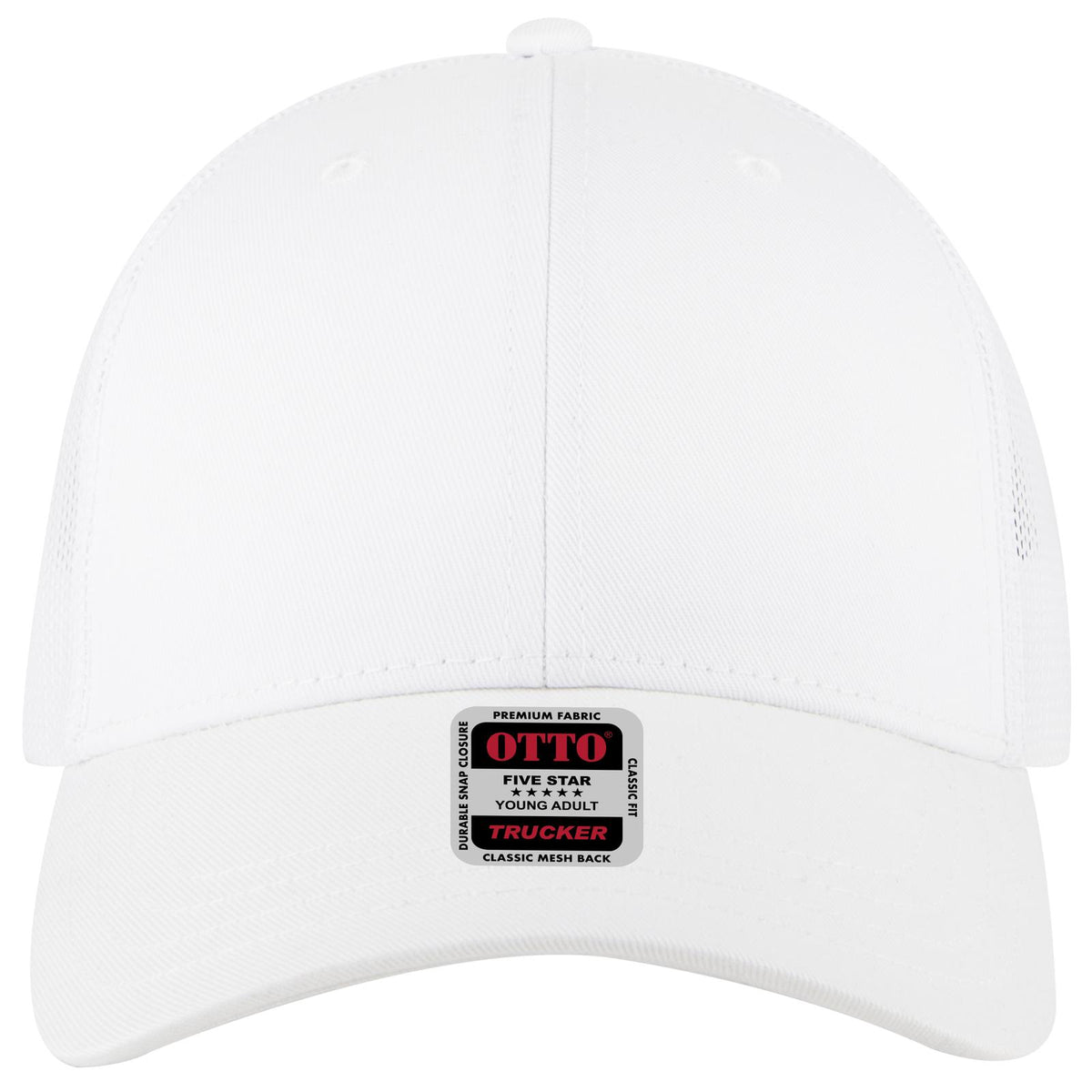 Front View of 016 - White OTTO CAP 6 Panel Low Profile Mesh Back Trucker Hat