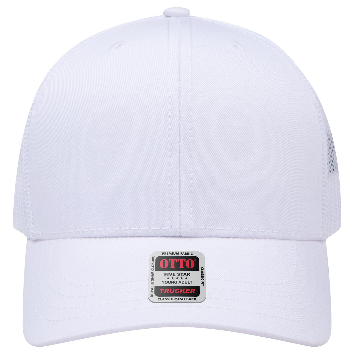 Front View of 016 - White OTTO CAP 6 Panel Mid Profile Mesh Back Trucker Hat