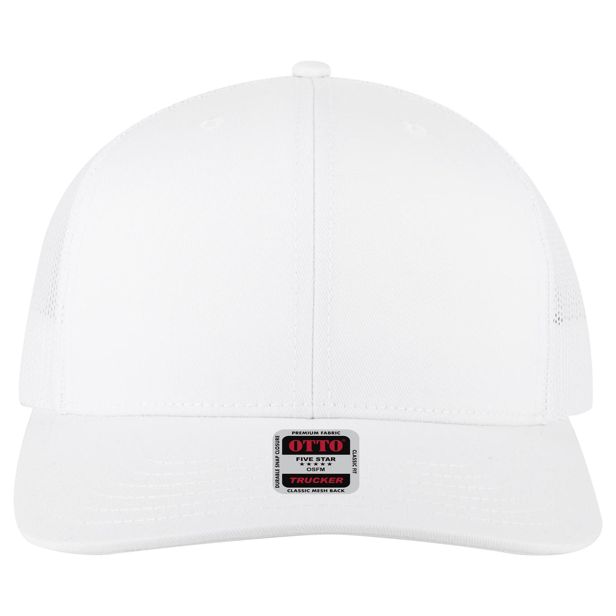 Front View of 016 - White OTTO CAP 6 Panel Mid Profile Mesh Back Trucker Hat