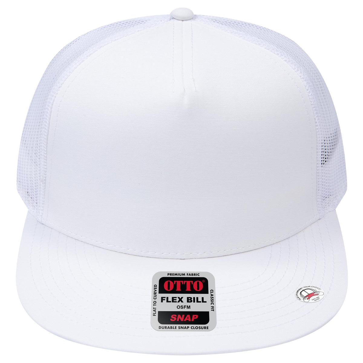 Front View of 016 - White OTTO CAP "OTTO SNAP" 5 Panel Pro Style Mesh Back Trucker Snapback Hat