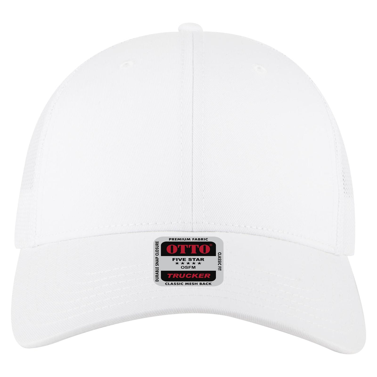 Front View of 016A - White OTTO CAP 6 Panel Low Profile Mesh Back Trucker Hat
