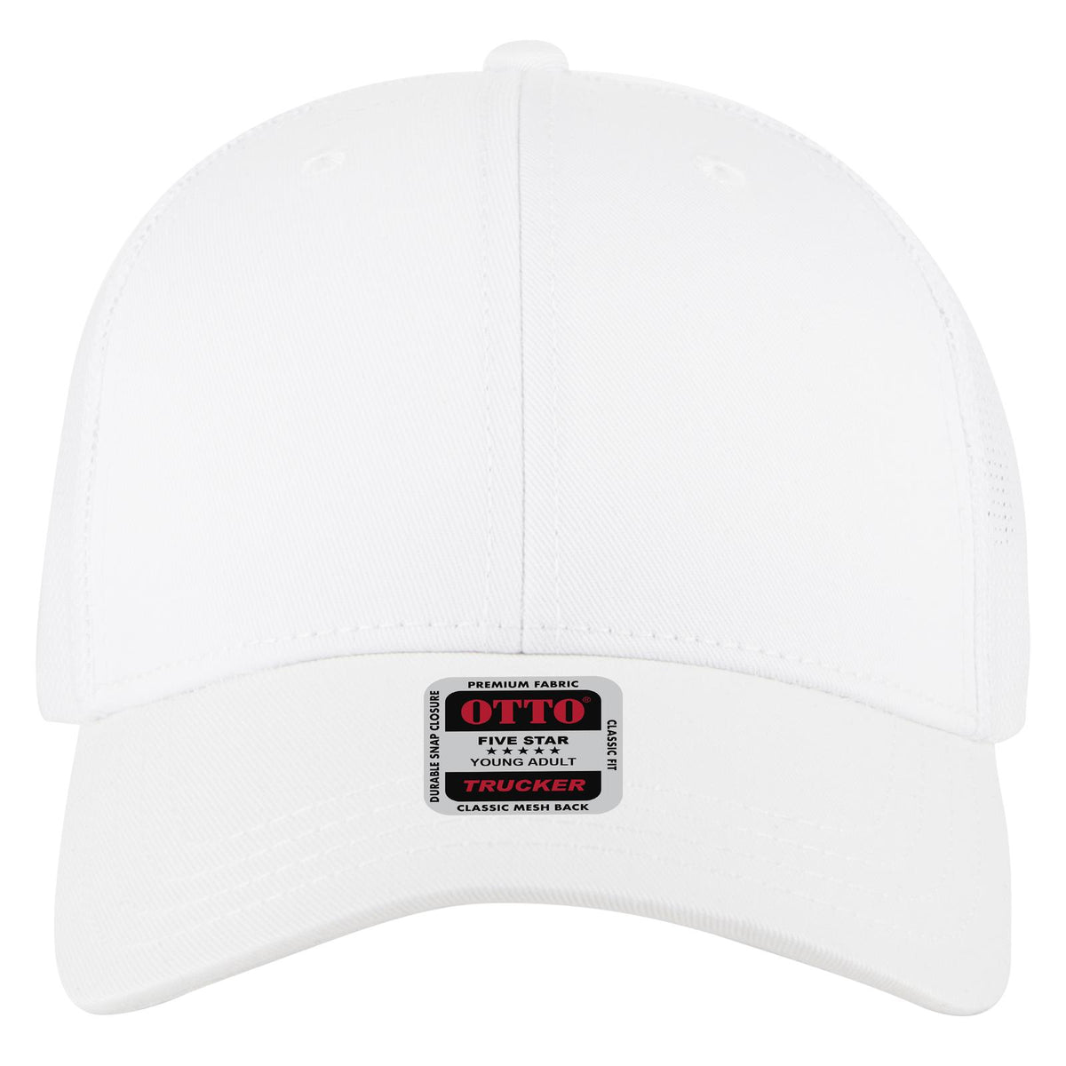 Front View of 016A - White OTTO CAP 6 Panel Low Profile Mesh Back Trucker Hat