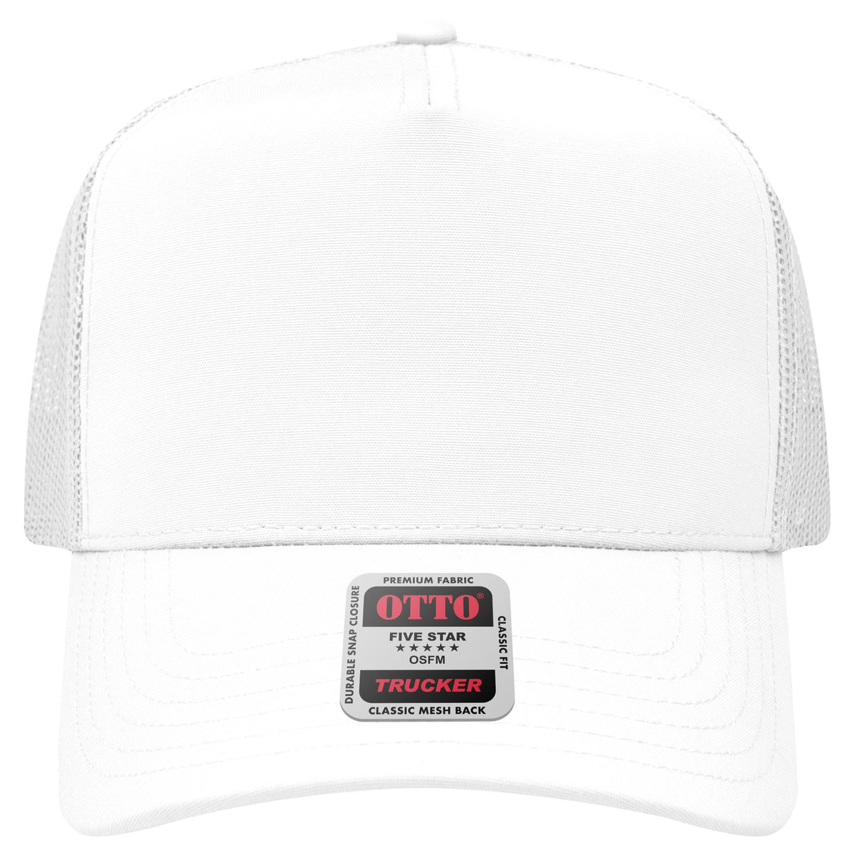 Front View of 016B - Wht OTTO CAP 5 Panel Mid Profile Mesh Back Trucker Hat