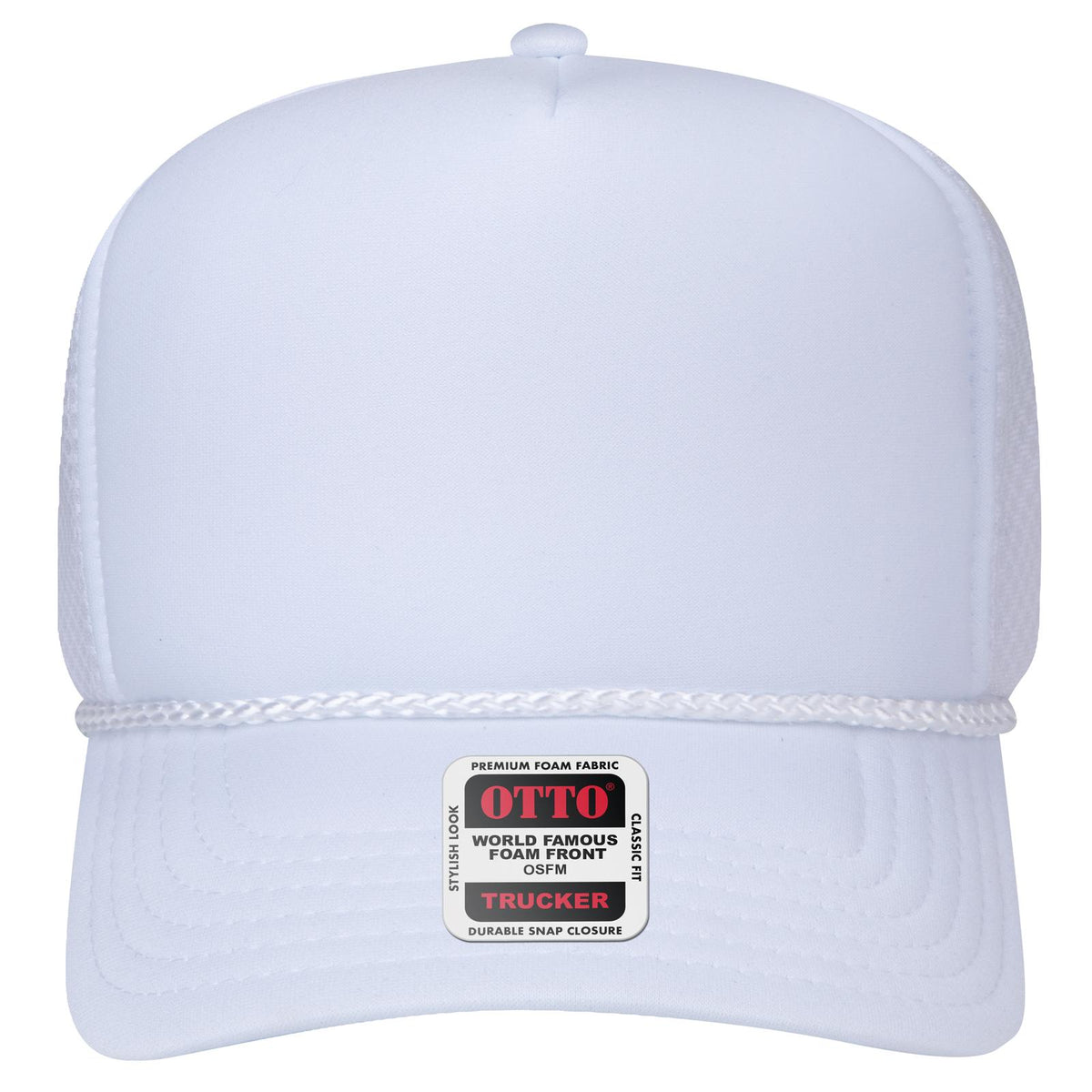 Front View of 016C - White OTTO CAP 5 Panel High Crown Air Mesh Back Trucker Hat