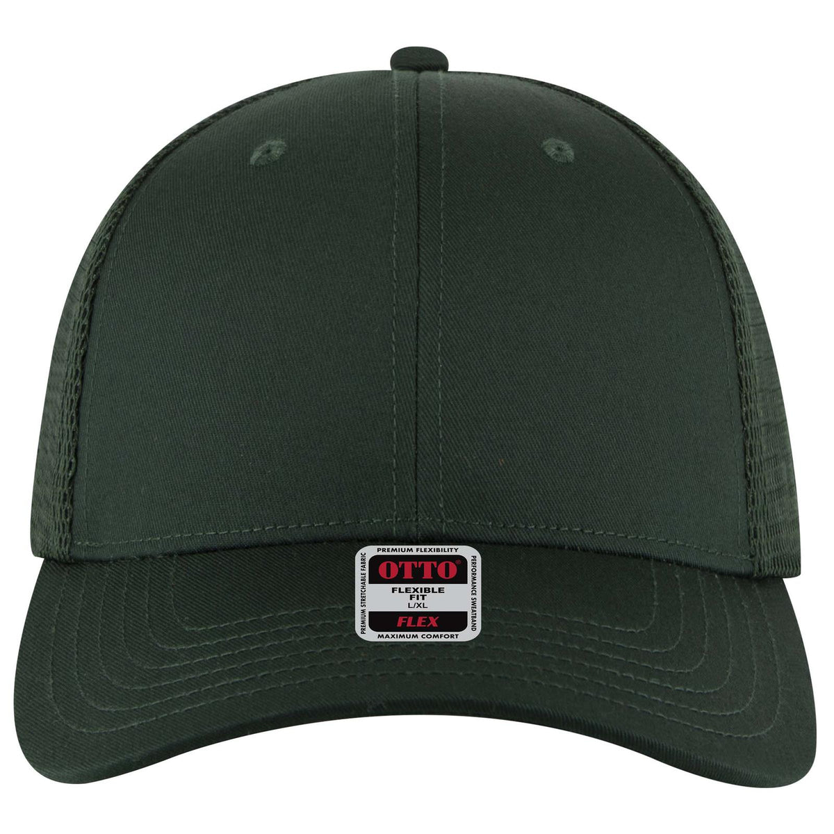 Front View of 017 - Dk. Green OTTO CAP "OTTO FLEX" Fitted 6 Panel Low Profile Mesh Back Trucker Hat
