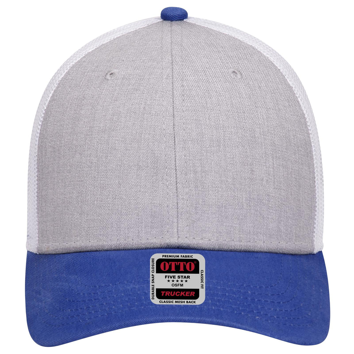 Front View of 017416 - Royal/HeatherGry/White OTTO CAP 6 Panel Low Profile Mesh Back Trucker Hat