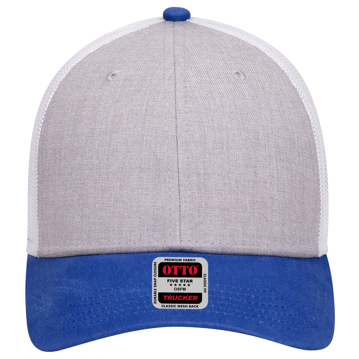 Front View of 017416 - Royal/HeatherGry/White OTTO CAP 6 Panel Low Profile Mesh Back Trucker Hat