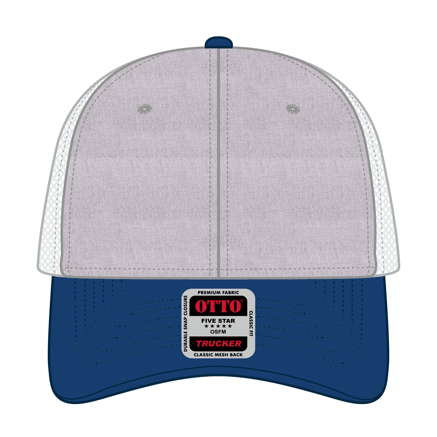Front View of 017416 - Royal/HeatherGry/White OTTO CAP 6 Panel Low Profile Mesh Back Trucker Hat