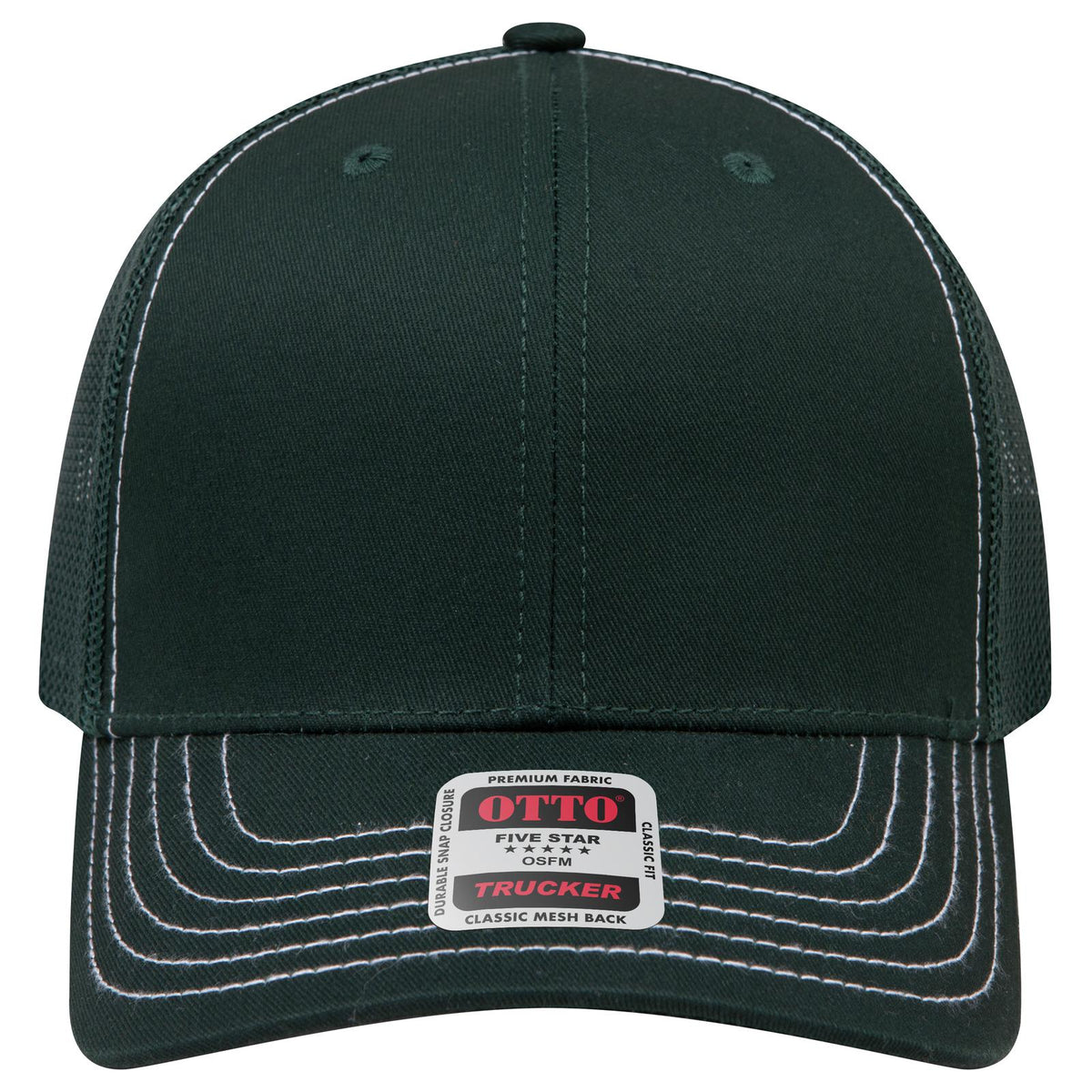 Front View of 017A - Dk. Green OTTO CAP 6 Panel Mid Profile Mesh Back Trucker Hat