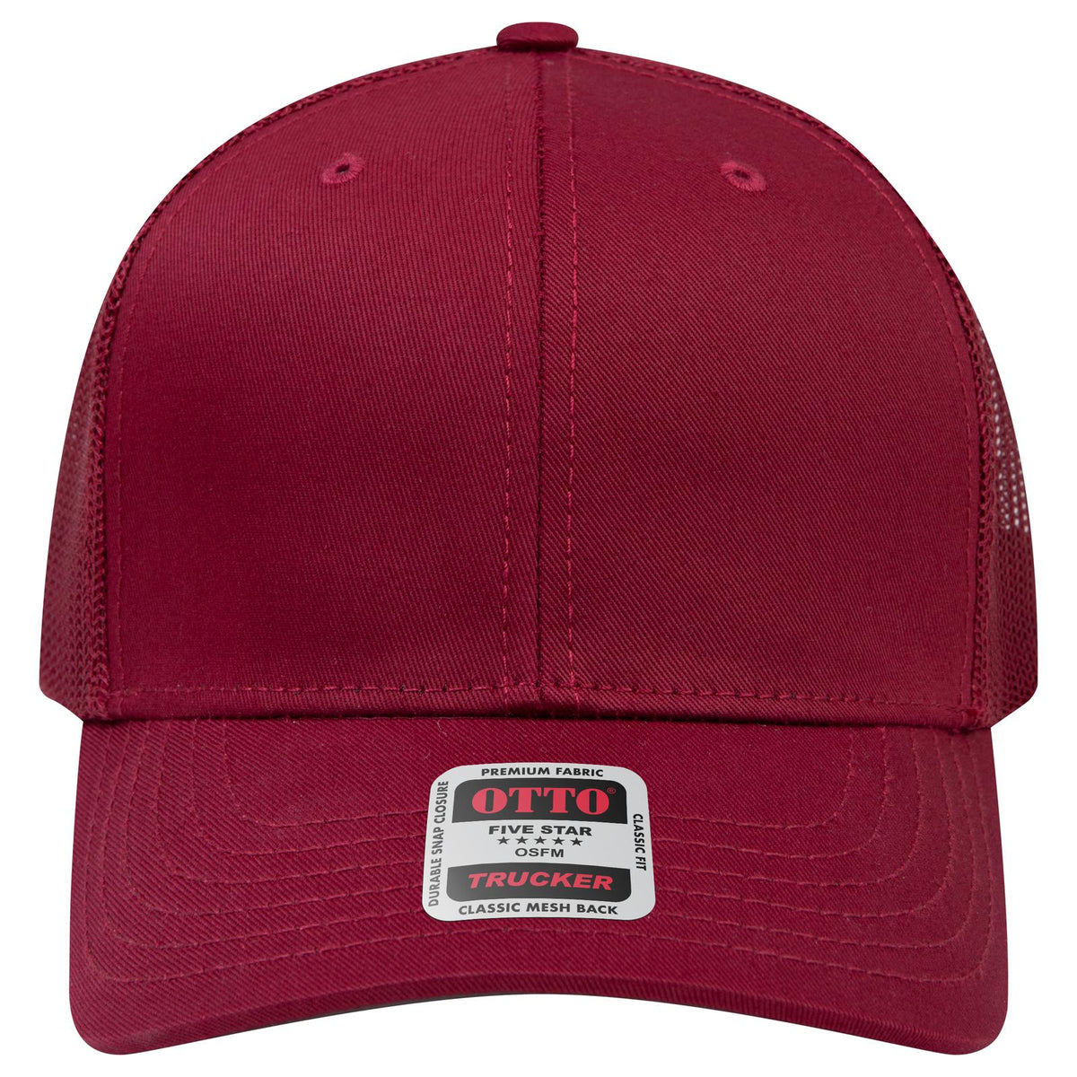 Front View of 019 - Burg. Marn OTTO CAP 6 Panel Mid Profile Mesh Back Trucker Hat