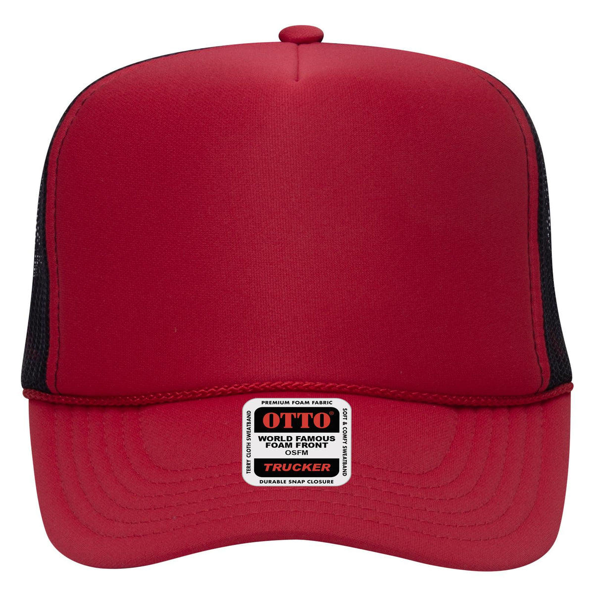 Front View of 020203 - Red/Red/Blk OTTO CAP 5 Panel High Crown Mesh Back Trucker Hat