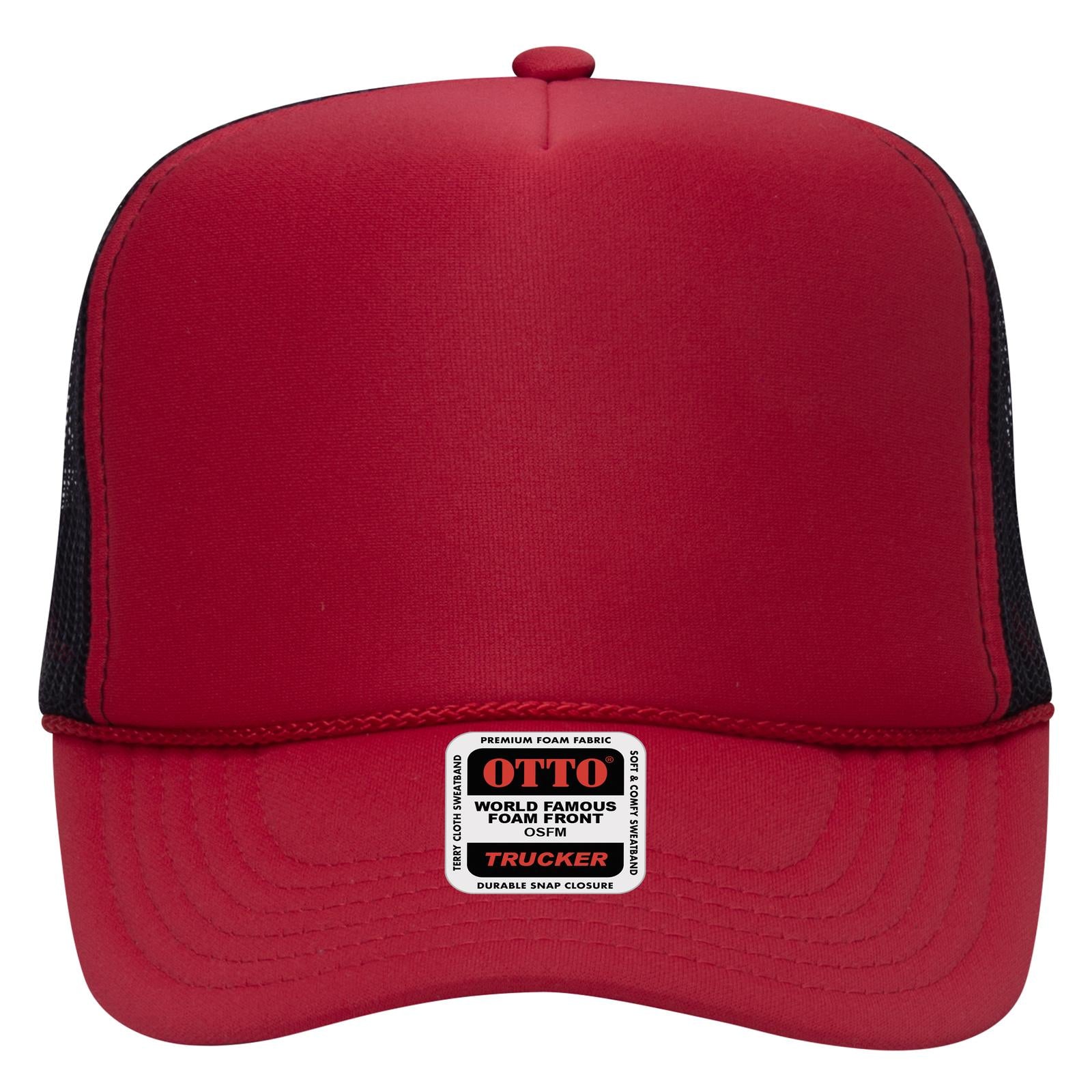 Right View of 020203 - Red/Red/Blk OTTO CAP 5 Panel High Crown Mesh Back Trucker Hat