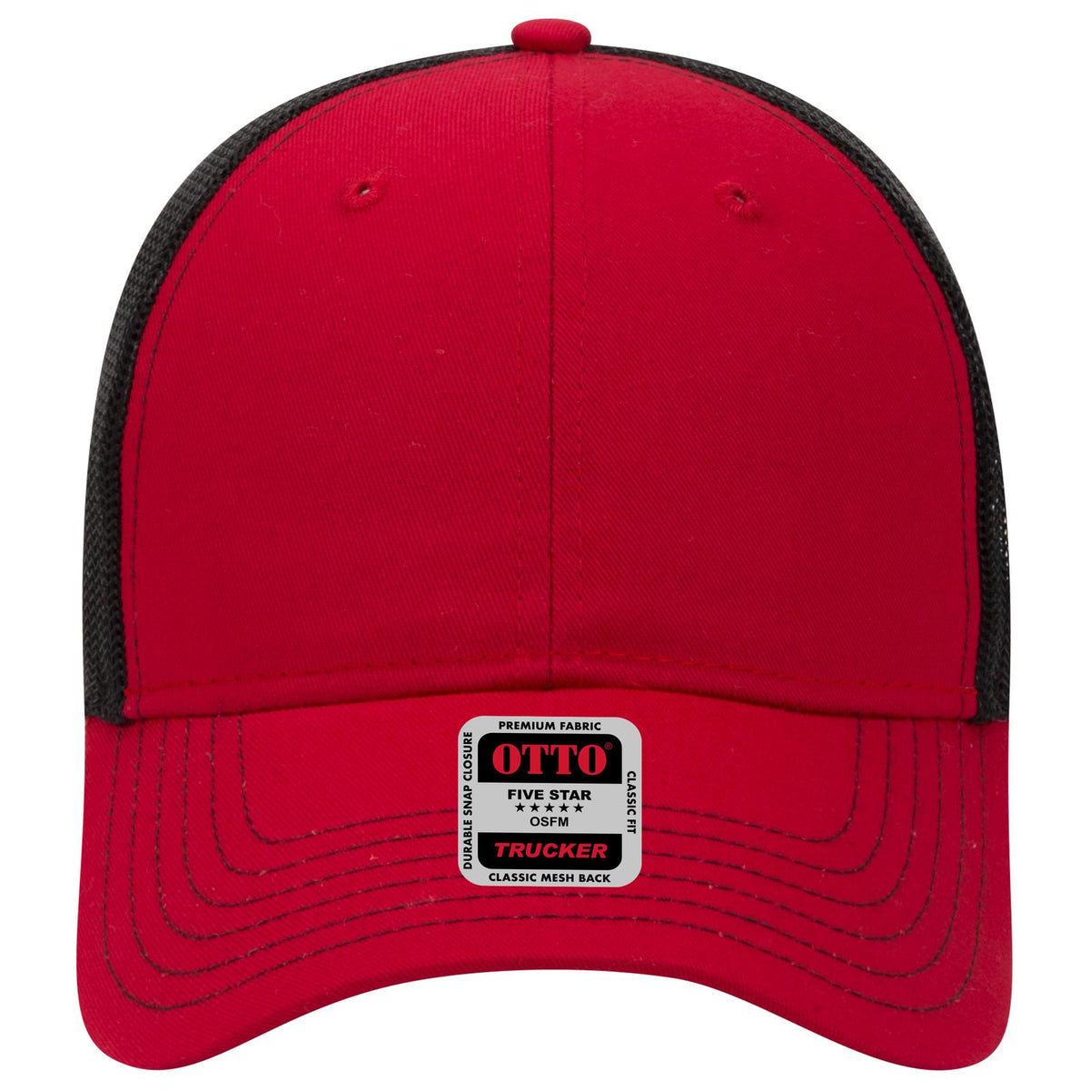 Front View of 020203 - Red/Red/Blk OTTO CAP 6 Panel Low Profile Mesh Back Trucker Hat
