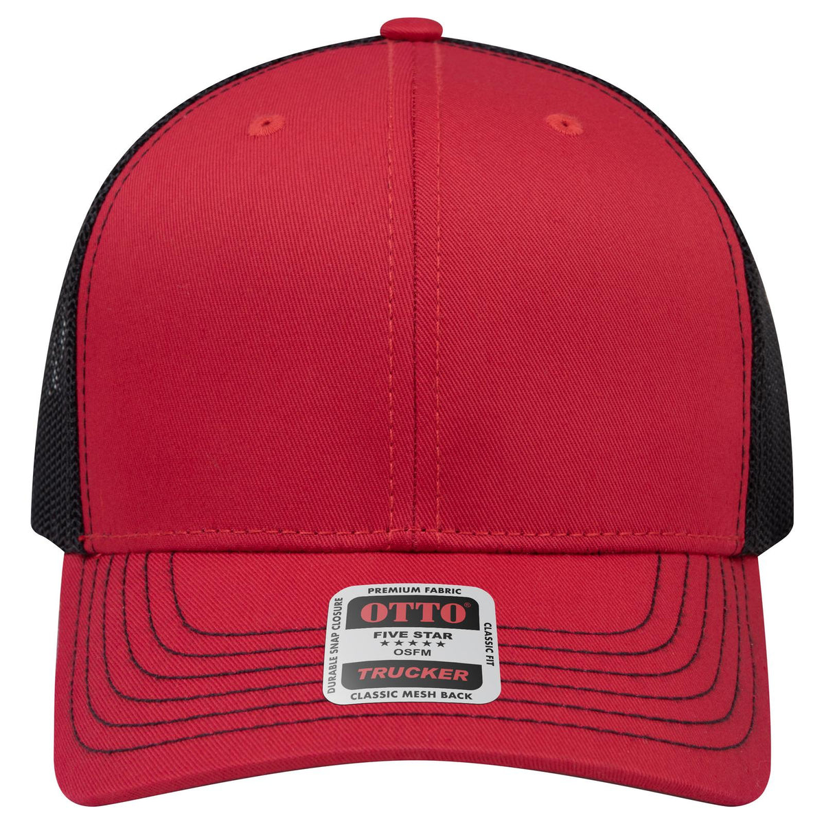 Front View of 020203 - Red/Red/Blk OTTO CAP 6 Panel Mid Profile Mesh Back Trucker Hat