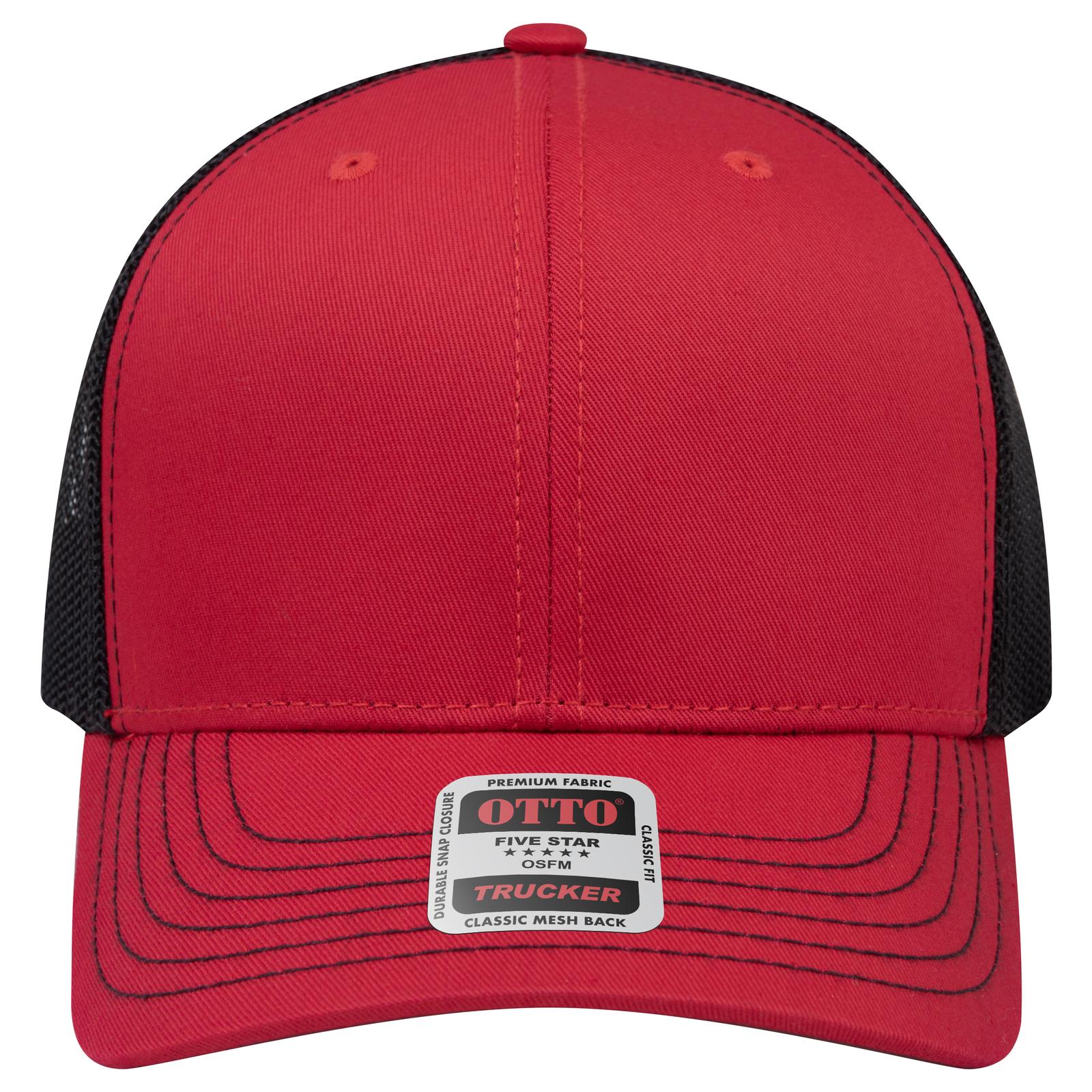 Right View of 020203 - Red/Red/Blk OTTO CAP 6 Panel Mid Profile Mesh Back Trucker Hat