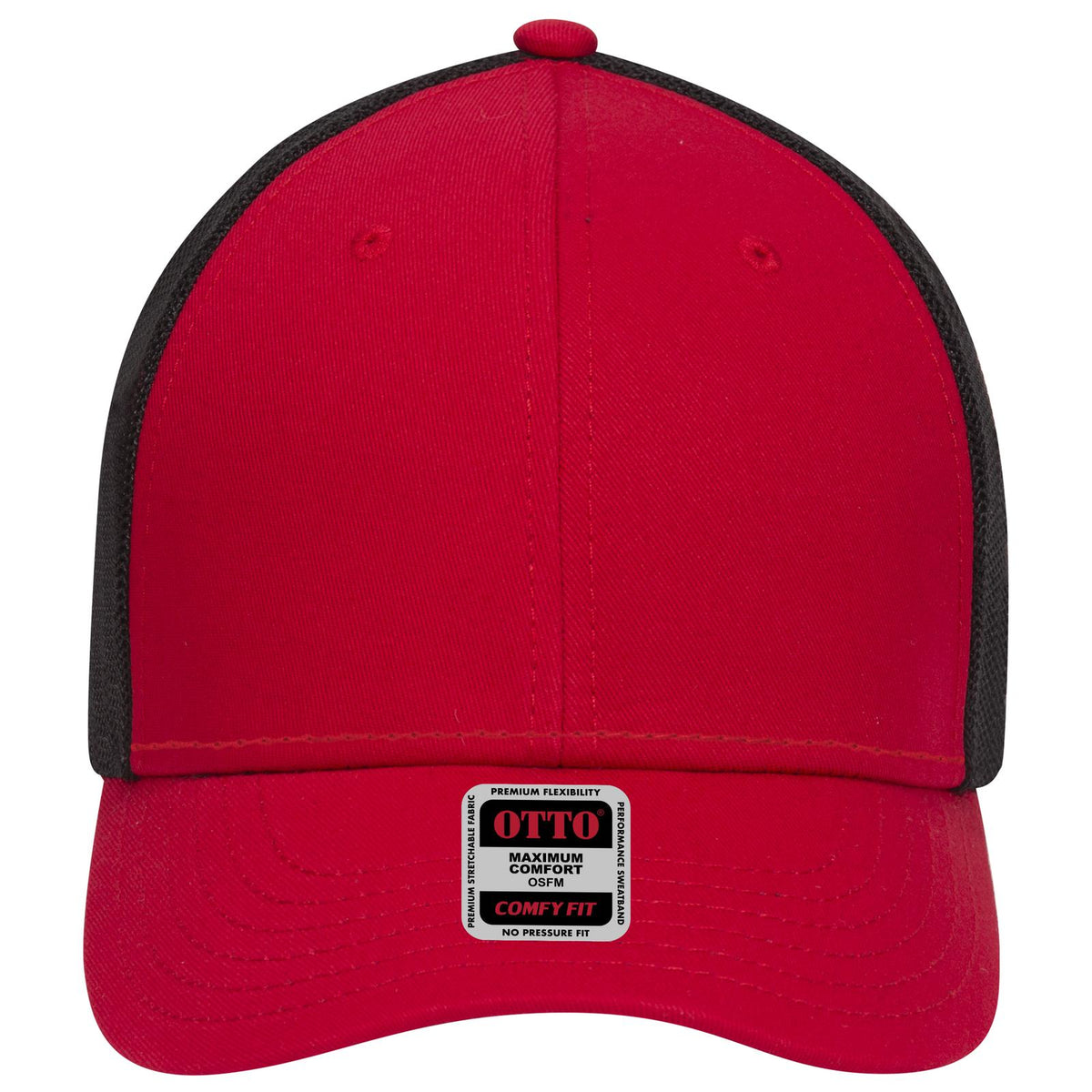Front View of 020203 - Red/Red/Blk OTTO CAP "OTTO COMFY FIT" 6 Panel Low Profile Mesh Back Trucker Hat