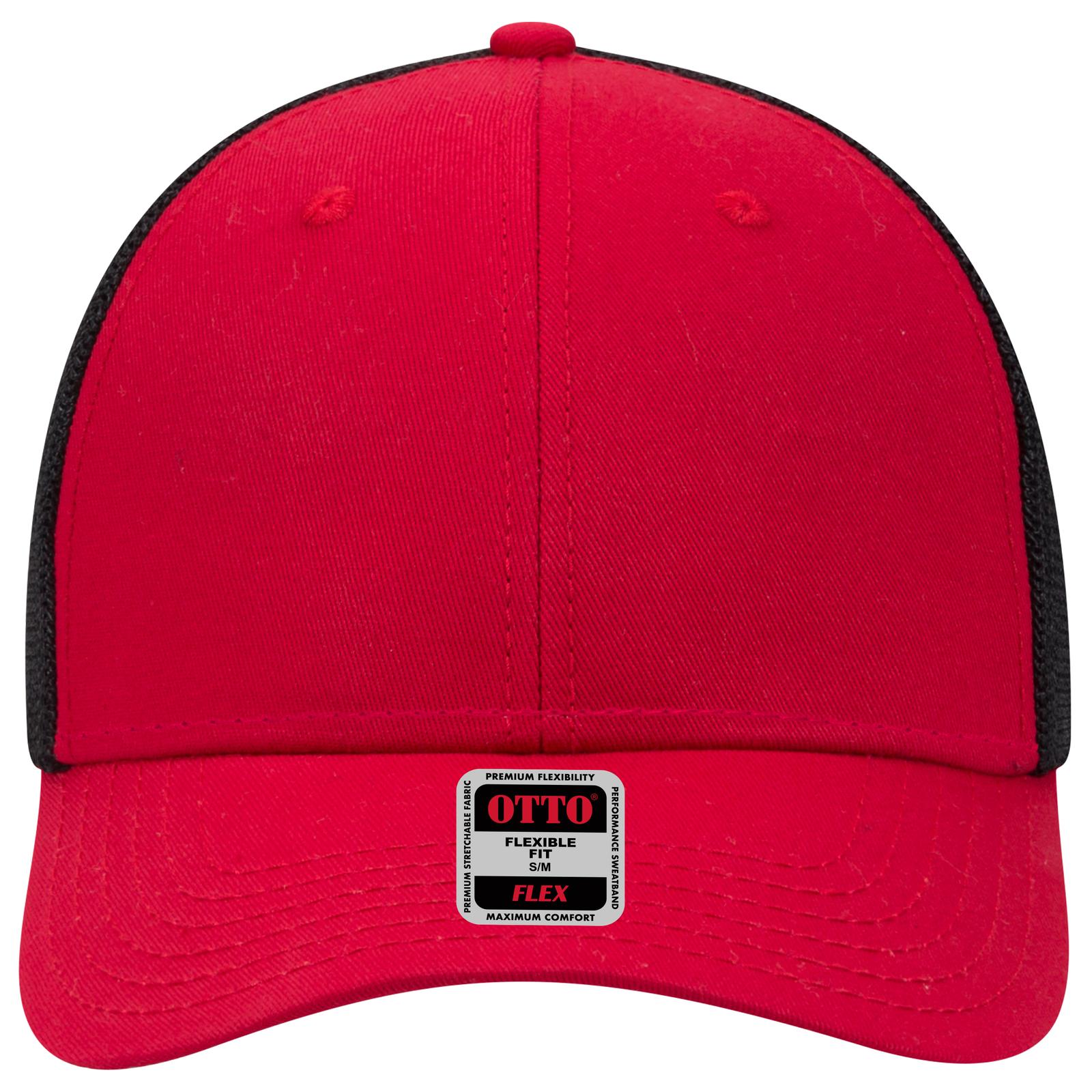 Front View of 020203 - Red/Red/Blk OTTO CAP "OTTO FLEX" Fitted 6 Panel Low Profile Mesh Back Trucker Hat