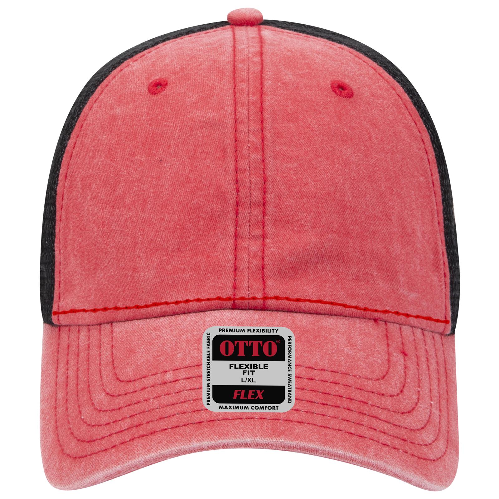 Front View of 020203 - Red/Red/Blk OTTO CAP "OTTO FLEX" Fitted 6 Panel Low Profile Mesh Back Trucker Hat