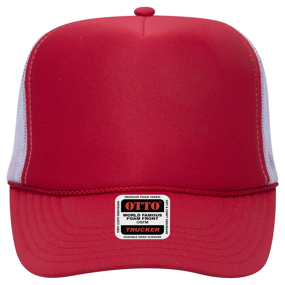 Front View of 020216 - Red/Red/Wht OTTO CAP 5 Panel High Crown Mesh Back Trucker Hat