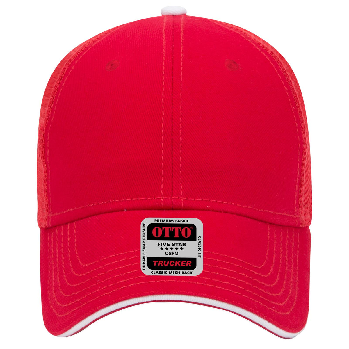 Front View of 020216 - Red/Red/Wht OTTO CAP 6 Panel Low Profile Mesh Back Trucker Hat