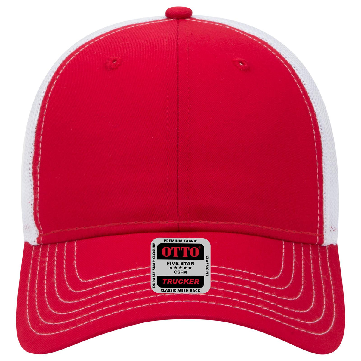 Front View of 020216 - Red/Red/Wht OTTO CAP 6 Panel Low Profile Mesh Back Trucker Hat