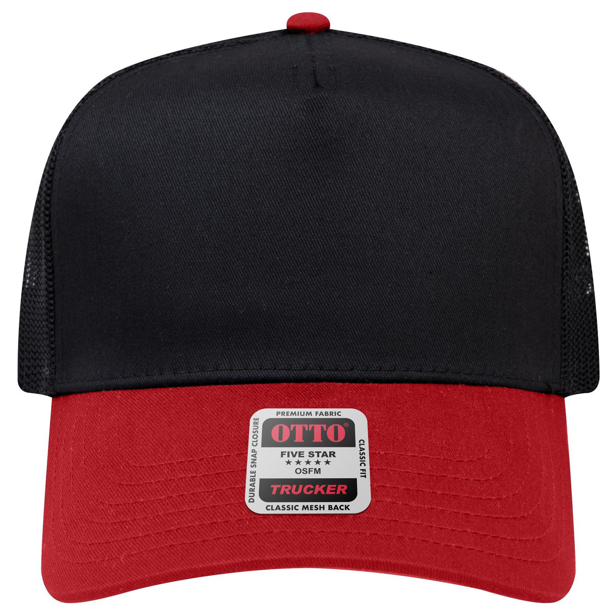 Front View of 0203 - Red/Blk OTTO CAP 5 Panel Mid Profile Mesh Back Trucker Hat