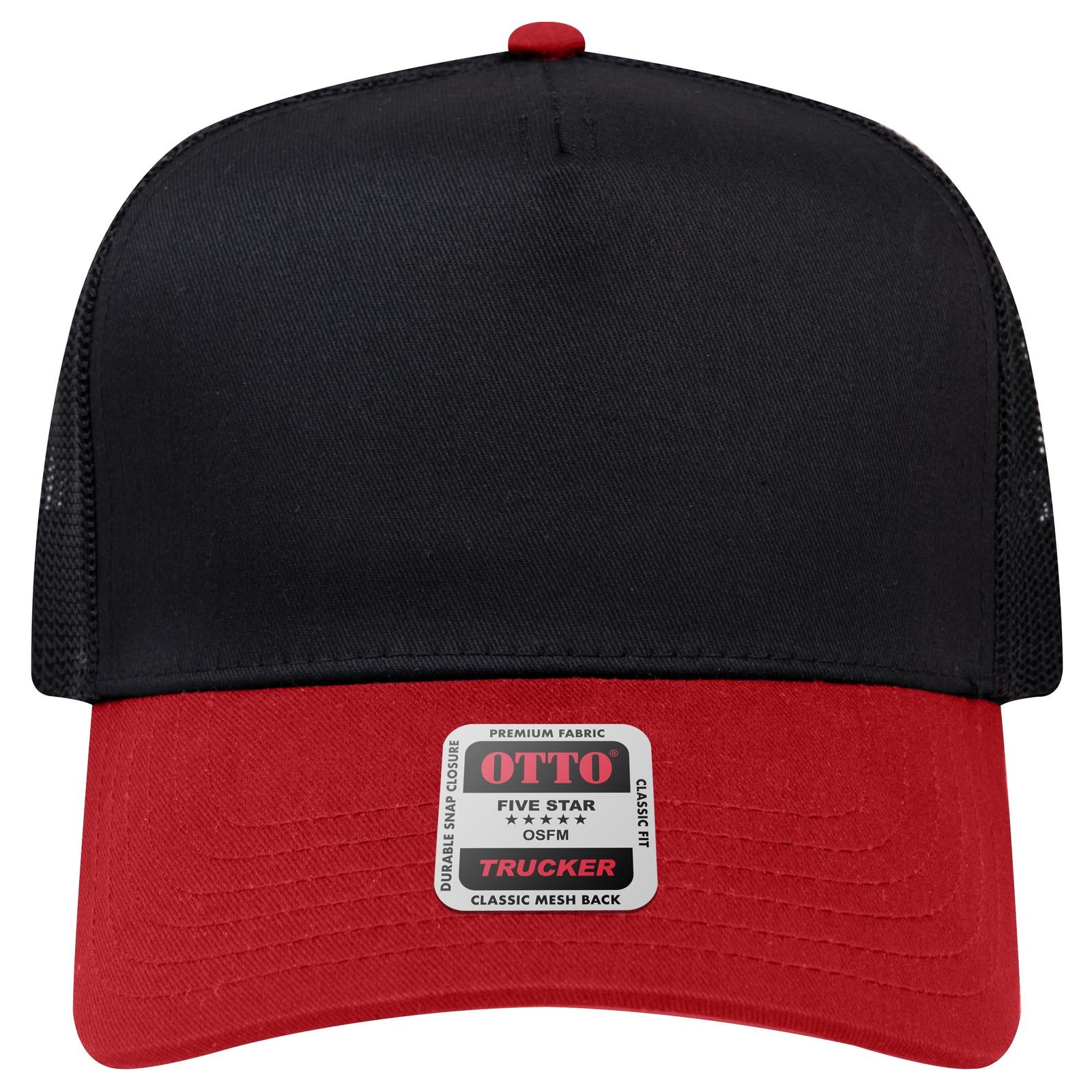 Front View of 0203 - Red/Blk OTTO CAP 5 Panel Mid Profile Mesh Back Trucker Hat
