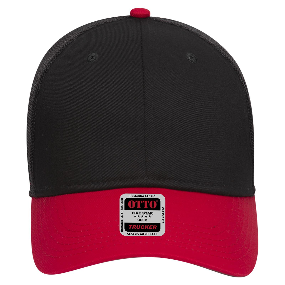 Front View of 0203 - Red/Blk OTTO CAP 6 Panel Low Profile Mesh Back Trucker Hat