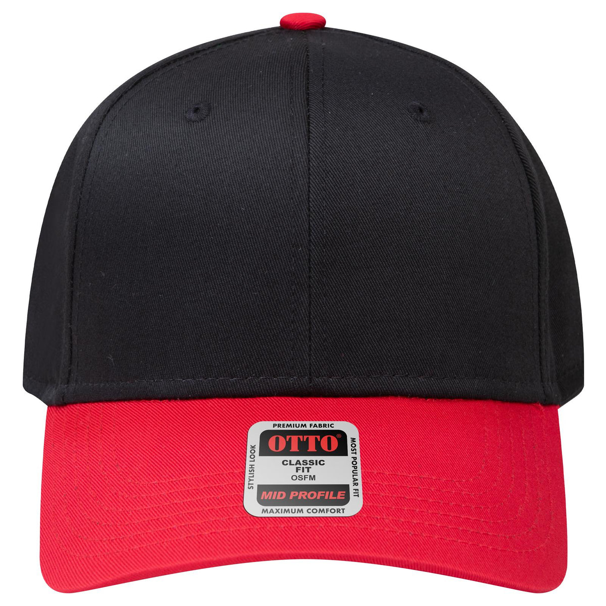 Front View of 0203 - Red/Blk OTTO CAP 6 Panel Mid Profile Baseball Cap