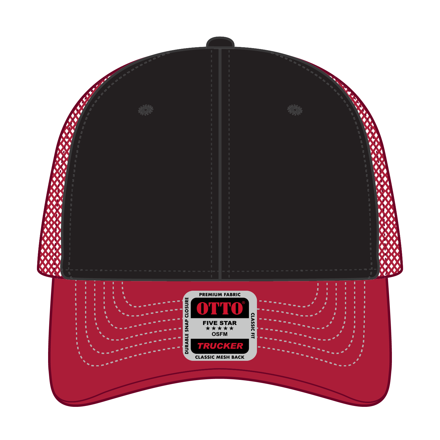 Front View of 020302 - Red/Blk/Red OTTO CAP 6 Panel Low Profile Mesh Back Trucker Hat