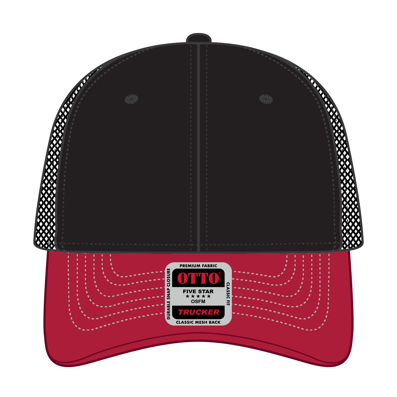Front View of 020303 - Red/Blk/Blk OTTO CAP 6 Panel Low Profile Mesh Back Trucker Hat