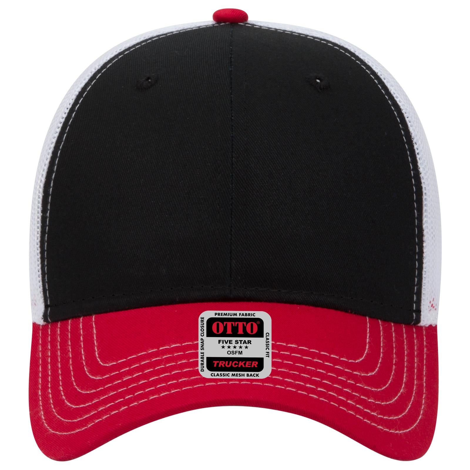 Front View of 020316 - Red/Blk/Wht OTTO CAP 6 Panel Low Profile Mesh Back Trucker Hat