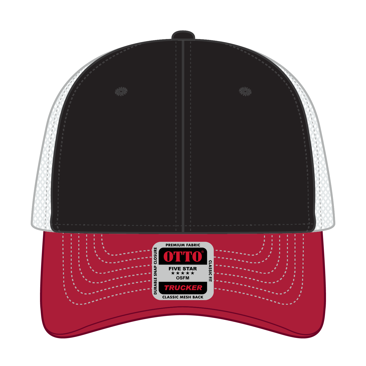 Front View of 020316 - Red/Blk/Wht OTTO CAP 6 Panel Low Profile Mesh Back Trucker Hat