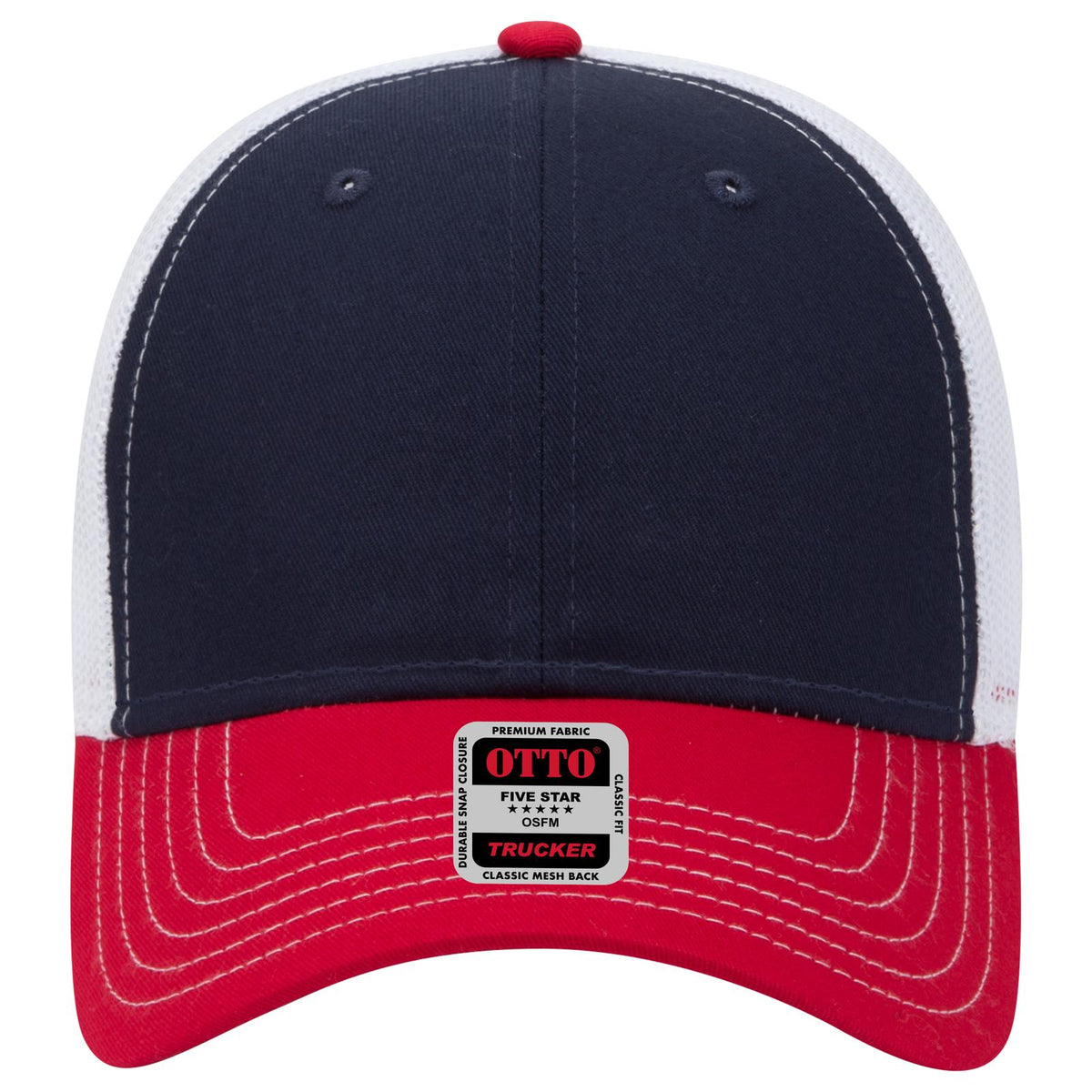 Front View of 020416 - Red/Nvy/Wht OTTO CAP 6 Panel Low Profile Mesh Back Trucker Hat
