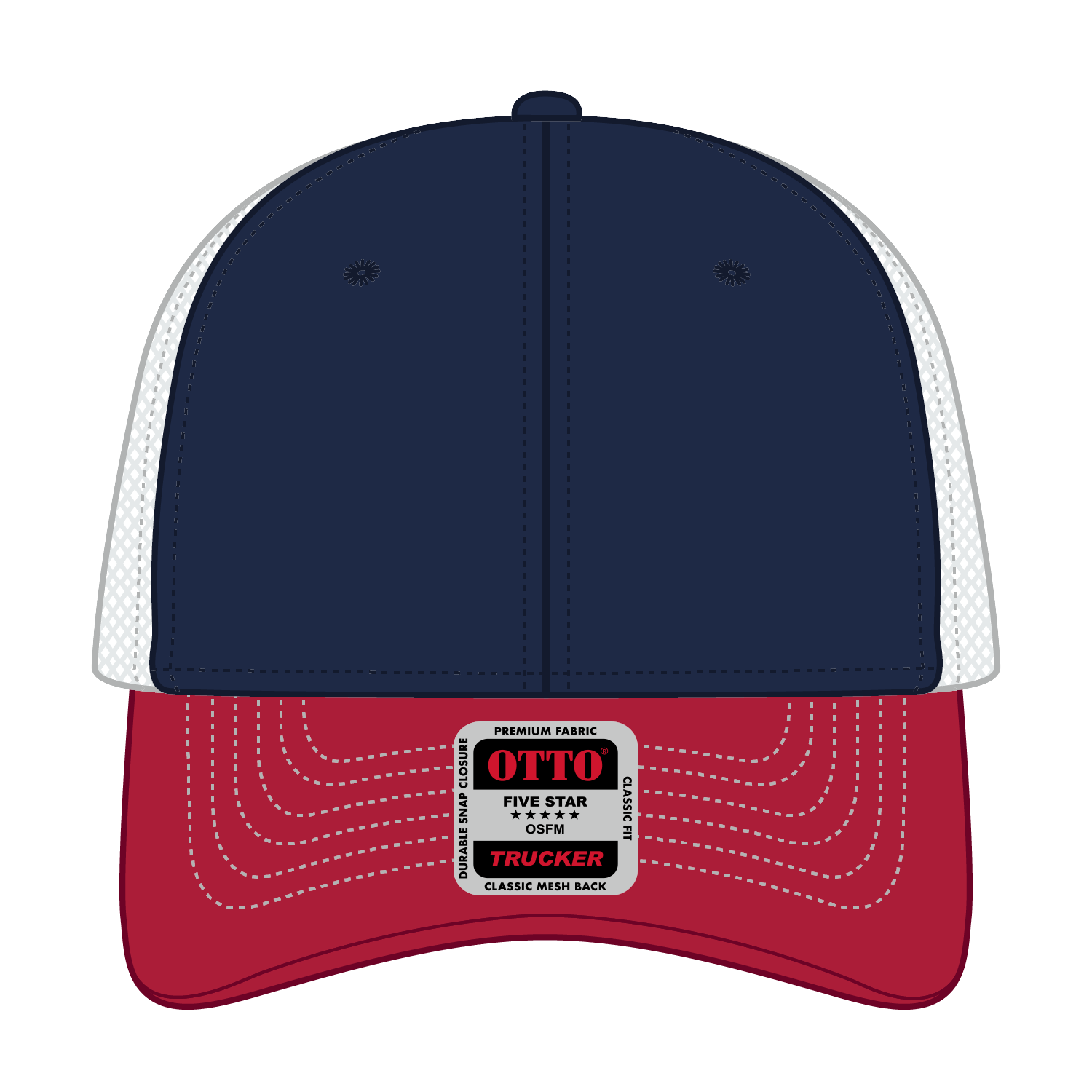 Front View of 020416 - Red/Nvy/Wht OTTO CAP 6 Panel Low Profile Mesh Back Trucker Hat
