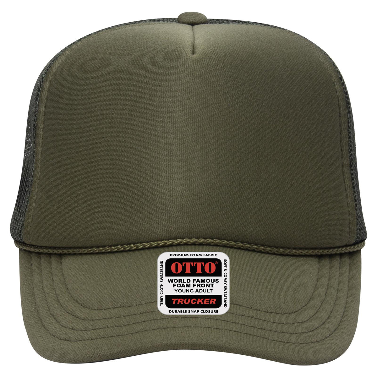 Front View of 021 - Ol. Green OTTO CAP 5 Panel High Crown Mesh Back Trucker Hat
