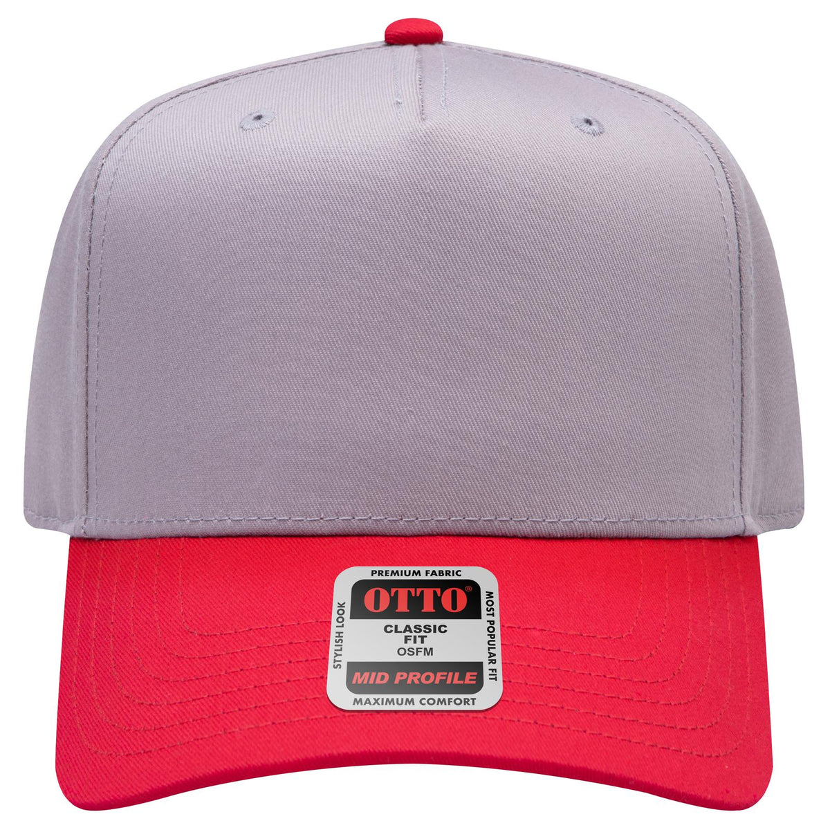 Front View of 0214 - Red/Gry OTTO CAP 5 Panel Mid Profile Baseball Cap
