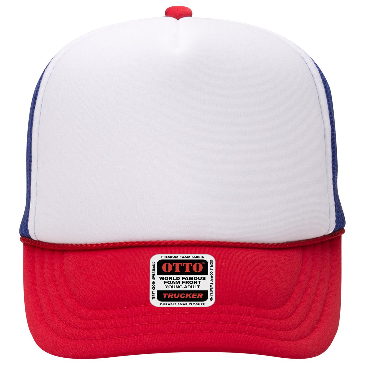 Front View of 021601 - Red/Wht/Ryl OTTO CAP 5 Panel High Crown Mesh Back Trucker Hat