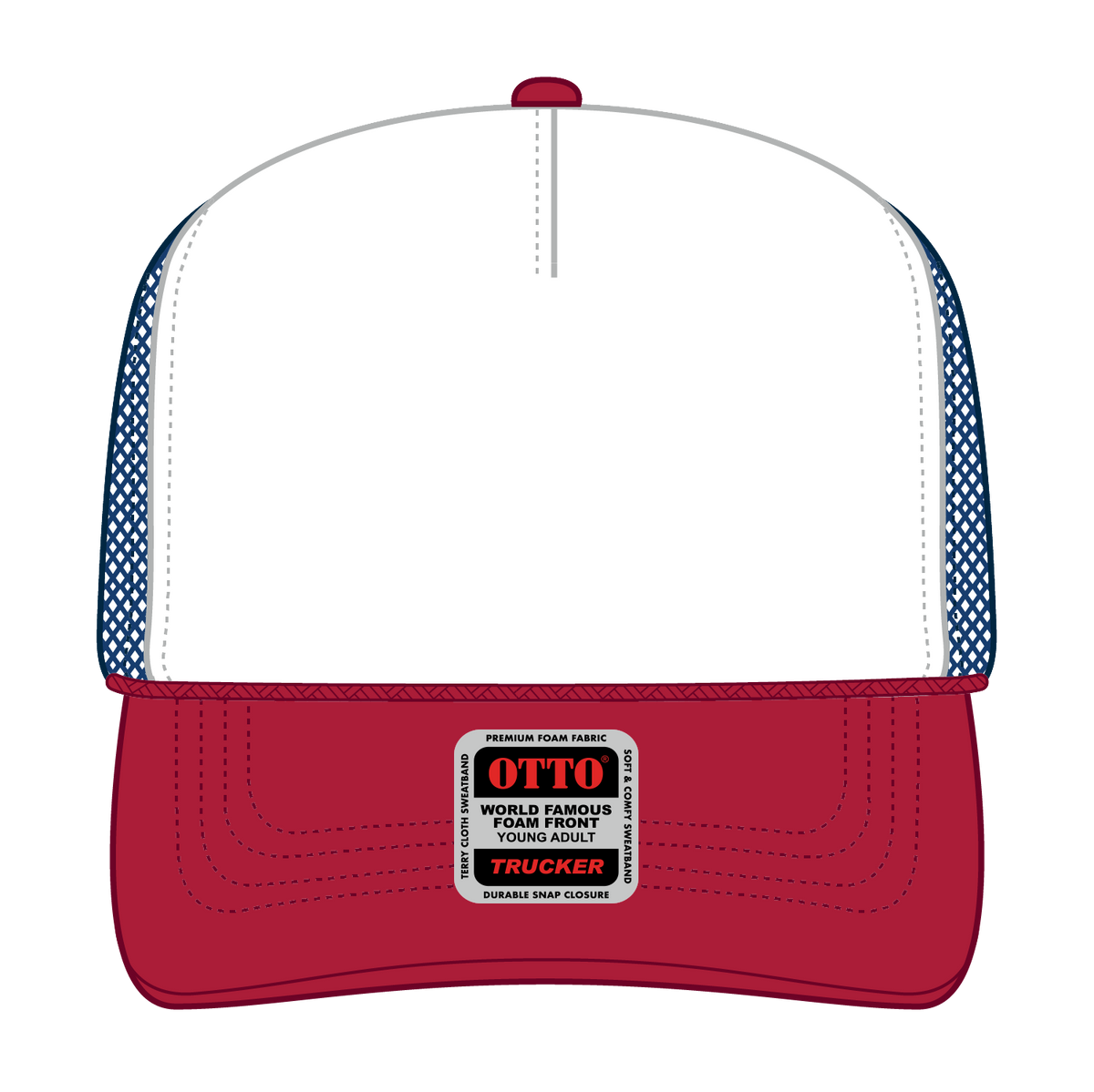 Front View of 021601 - Red/Wht/Ryl OTTO CAP 5 Panel High Crown Mesh Back Trucker Hat