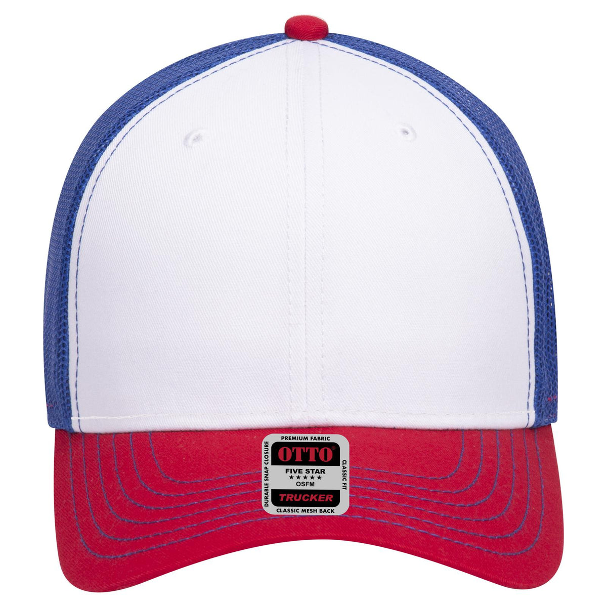 Front View of 021601 - Red/Wht/Ryl OTTO CAP 6 Panel Low Profile Mesh Back Trucker Hat