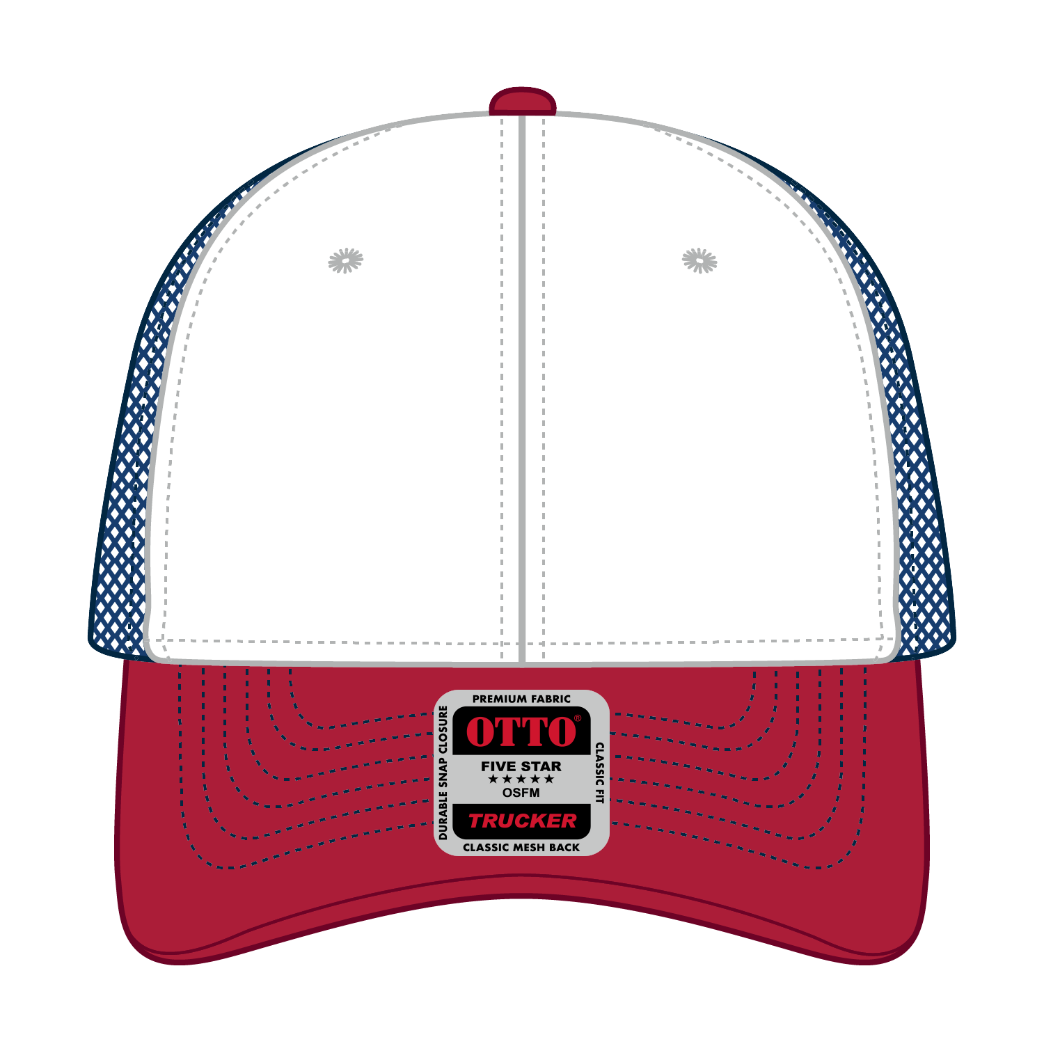 Front View of 021601 - Red/Wht/Ryl OTTO CAP 6 Panel Low Profile Mesh Back Trucker Hat