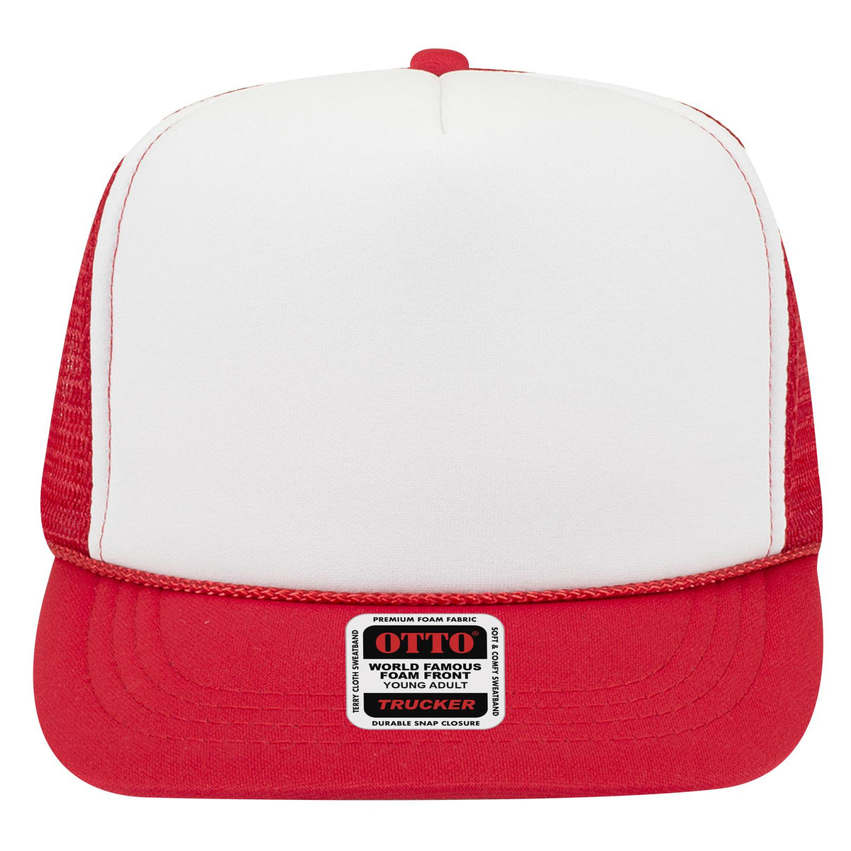 Front View of 021602 - Red/Wht/Red OTTO CAP 5 Panel High Crown Mesh Back Trucker Hat