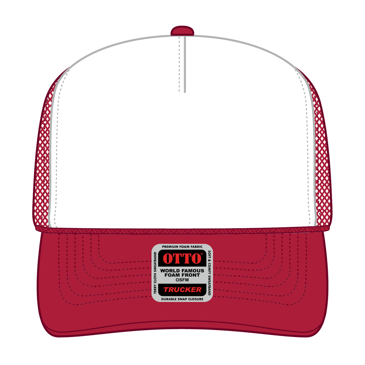 Front View of 021602 - Red/Wht/Red OTTO CAP 5 Panel High Crown Mesh Back Trucker Hat