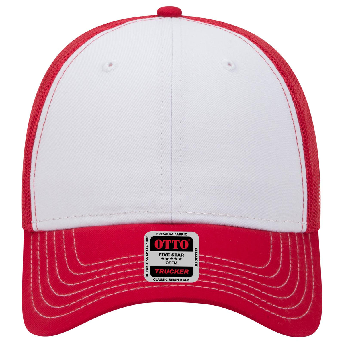 Front View of 021602 - Red/Wht/Red OTTO CAP 6 Panel Low Profile Mesh Back Trucker Hat